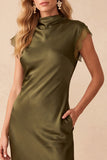 Olive Satin Sheath High Neck Cut Out Long Wedding Guest Dress with Lace