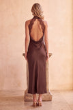 Coffee Sheath Satin High Neck Cut Out Long Wedding Guest Dress with Lace