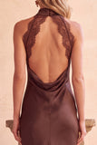 Coffee Sheath Satin High Neck Cut Out Long Wedding Guest Dress with Lace