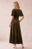Olive A-Line V-Neck Velvet Flutter Sleeves Maxi Wedding Guest Dress with Lace