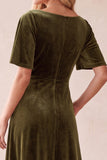 Olive A-Line V-Neck Velvet Flutter Sleeves Maxi Wedding Guest Dress with Lace