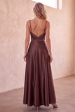 Coffee A-Line Satin Spaghetti Straps Long Wedding Guest Dress with Lace