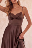 Coffee A-Line Satin Spaghetti Straps Long Wedding Guest Dress with Lace
