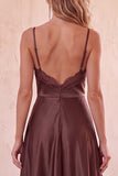 Coffee A-Line Satin Spaghetti Straps Long Wedding Guest Dress with Lace