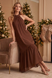 Coffee Halter A-Line Ruffled Chiffon Long Wedding Guest Dress with Beading