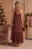 Coffee Halter A-Line Ruffled Chiffon Long Wedding Guest Dress with Beading