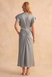 Dusty Blue Sheath Flutter Sleeves Ruched Satin Midi Wedding Guest Dress with Pockets