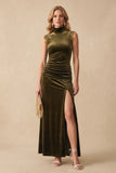 Olive Sheath High Neck Ruched Velvet Maxi Wedding Guest Dress with Lace