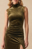 Olive Sheath High Neck Ruched Velvet Maxi Wedding Guest Dress with Lace