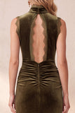 Olive Sheath High Neck Ruched Velvet Maxi Wedding Guest Dress with Lace