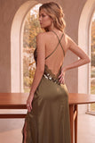 Olive Sheath V-Neck Satin Spaghetti Straps Backless Long Wedding Guest Dress with Sequins