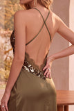 Olive Sheath V-Neck Satin Spaghetti Straps Backless Long Wedding Guest Dress with Sequins