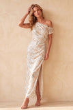 Ivory Sheath Sequins Asymmetrical One Shoulder Ruched Long Wedding Guest Dress with Lace
