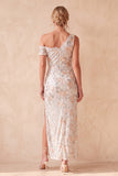 Ivory Sheath Sequins Asymmetrical One Shoulder Ruched Long Wedding Guest Dress with Lace