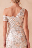 Ivory Sheath Sequins Asymmetrical One Shoulder Ruched Long Wedding Guest Dress with Lace