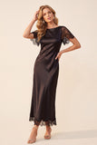 Black Sheath Bateau Neck Short Sleeves Midi Wedding Guest Dress with Lace