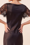 Black Sheath Bateau Neck Short Sleeves Midi Wedding Guest Dress with Lace