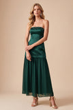 Dark Green Drop-Waist Satin Strapless Midi Wedding Guest Dress with Beading