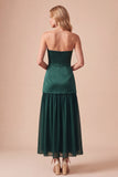 Dark Green Drop-Waist Satin Strapless Midi Wedding Guest Dress with Beading