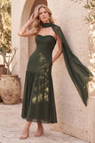 Olive Fit & Flare Strapless Beaded Chiffon Pleated Midi Wedding Guest Dress with Cape