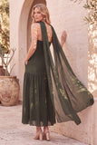 Olive Fit & Flare Strapless Beaded Chiffon Pleated Midi Wedding Guest Dress with Cape