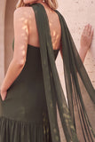 Olive Fit & Flare Strapless Beaded Chiffon Pleated Midi Wedding Guest Dress with Cape