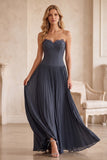 Grey Blue A-Line Chiffon Pleated Strapless Long Wedding Guest Dress with Lace