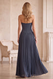 Grey Blue A-Line Chiffon Pleated Strapless Long Wedding Guest Dress with Lace