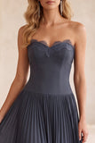 Grey Blue A-Line Chiffon Pleated Strapless Long Wedding Guest Dress with Lace