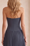 Grey Blue A-Line Chiffon Pleated Strapless Long Wedding Guest Dress with Lace