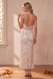 Ivory Sheath Halter Cowl Sequins Midi Wedding Guest Dress with Lace