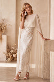 Ivory Sheath Bateau Neck Sequins Maxi Wedding Guest Dress with Chiffon Cape