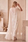 Ivory Sheath Bateau Neck Sequins Maxi Wedding Guest Dress with Chiffon Cape