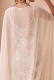 Ivory Sheath Bateau Neck Sequins Maxi Wedding Guest Dress with Chiffon Cape