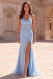 Sparkly Light Blue Rhinestones Mermaid Satin Halter Corset Tulle Long Prom Dress with Slit