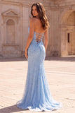 Sparkly Light Blue Rhinestones Mermaid Satin Halter Corset Tulle Long Prom Dress with Slit