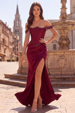 Off the Shoulder Burgundy Beaded Fringed Mermaid Corset Satin Ruched Long Prom Dress with Slit