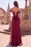 Off the Shoulder Burgundy Beaded Fringed Mermaid Corset Satin Ruched Long Prom Dress with Slit