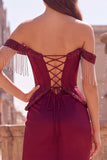 Off the Shoulder Burgundy Beaded Fringed Mermaid Corset Satin Ruched Long Prom Dress with Slit