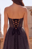 Black A-Line Polka Dots Keyhole Tulle Corset Strapless Long Prom Dress with Bow