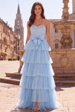 Light Blue A-Line Tulle Tiered Ruffled Rhinestones Pearls Strapless Long Prom Dress with Bow