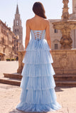 Light Blue A-Line Tulle Tiered Ruffled Rhinestones Pearls Strapless Long Prom Dress with Bow