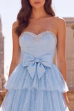 Light Blue A-Line Tulle Tiered Ruffled Rhinestones Pearls Strapless Long Prom Dress with Bow
