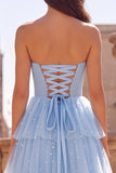 Light Blue A-Line Tulle Tiered Ruffled Rhinestones Pearls Strapless Long Prom Dress with Bow