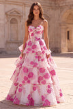Fuchsia A-Line Strapless Tiered Ruffled Organza Floral Printed Long Prom Dress with Bow