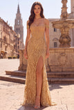 Off the Shoulder Gold Corset Sequins Mermaid Long Prom Dress with Slit