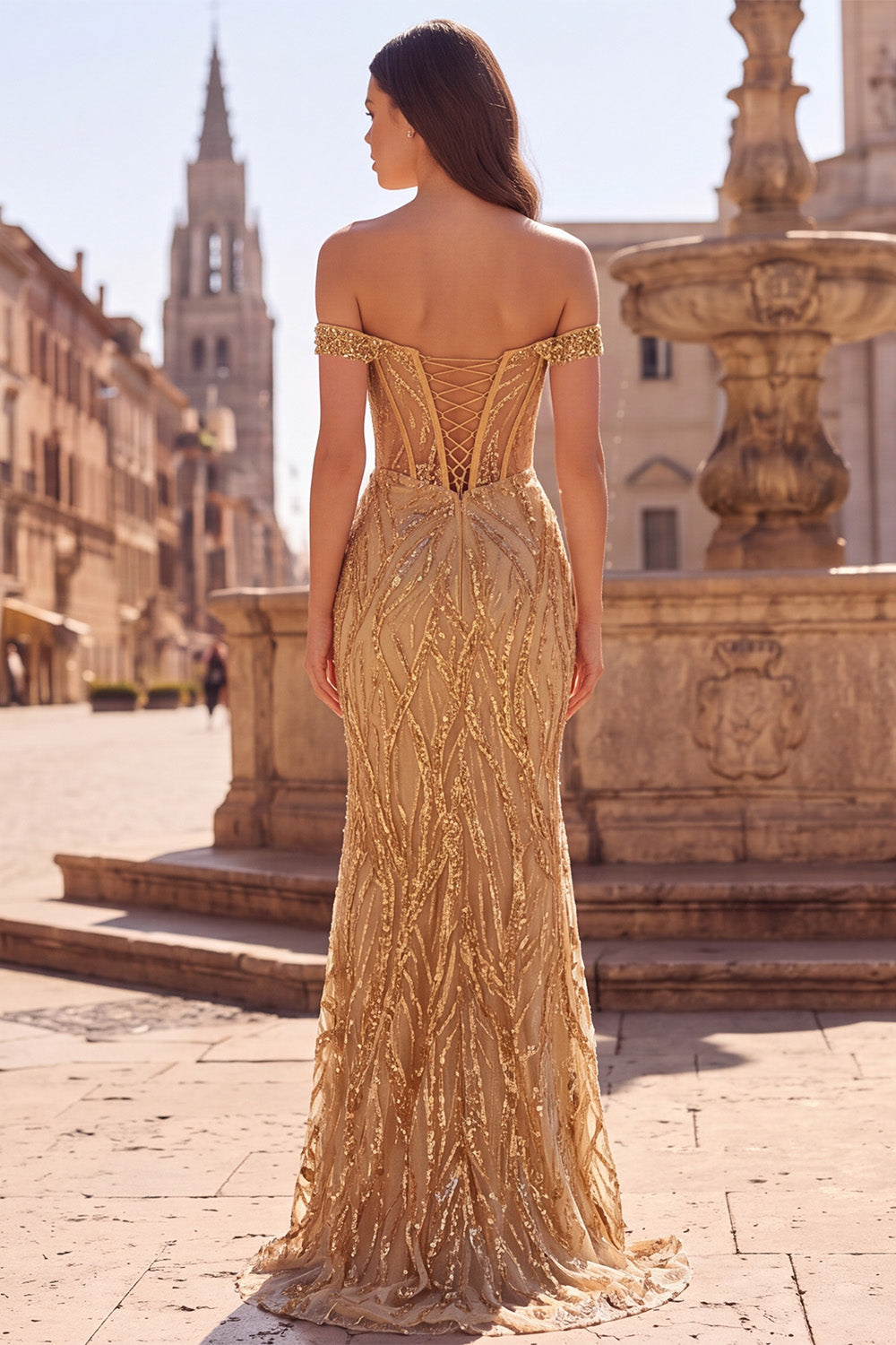 Slit Part ZAPAKA Women Off the Shoulder Gold Prom Dress with Slit Corset Sequins ...