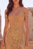 Off the Shoulder Gold Corset Sequins Mermaid Long Prom Dress with Slit