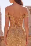 Off the Shoulder Gold Corset Sequins Mermaid Long Prom Dress with Slit