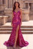 Sparkly Fuchsia Mermaid Teardrop Sequins Spaghetti Straps Long Prom Dress with Slit